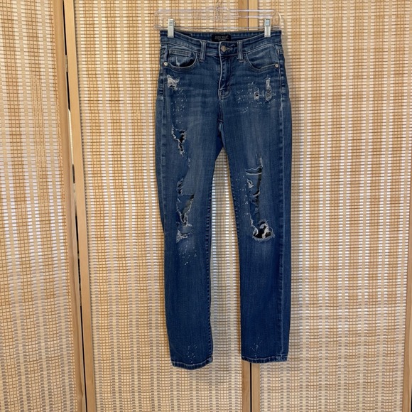 Judy Blue Denim - Judy Blue Womens 1/25 Jeans Blue Straight Stretch Distressed Streetwear Gothic